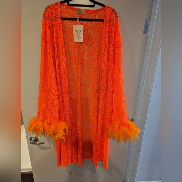 NWT Zelie for She feather trimmed, orange lace/crochet duster Fit Large to 4X - Picture 1 of 6
